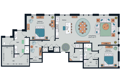 Floor plan for 2 beds, 2.5 baths, 2304 sqft